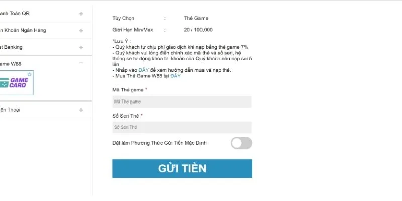 Chuyển tiền bằng thẻ game W88